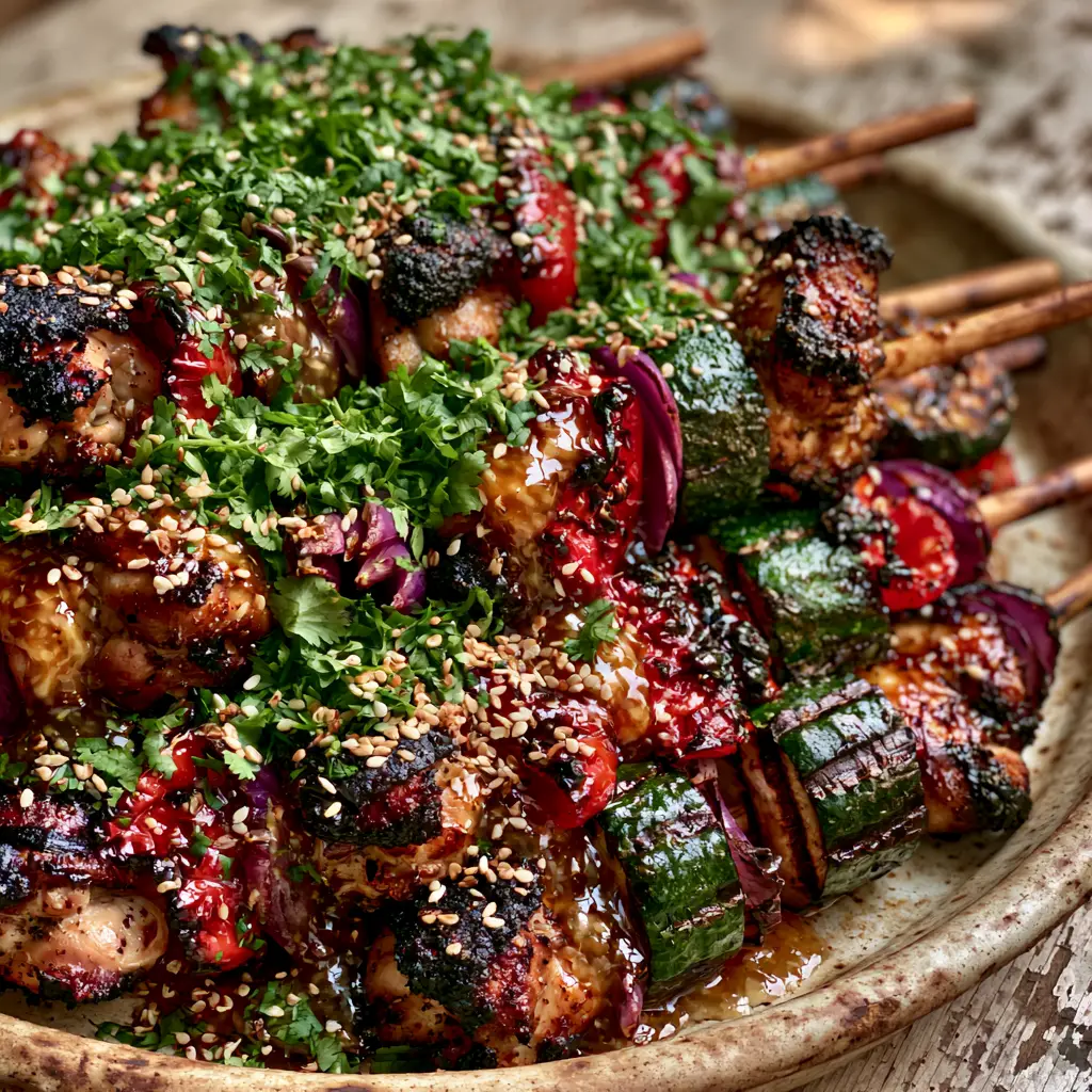 Close-up of charred zucchini ridges and blistered red bell peppers on a wooden skewer (summer grilling recipes).