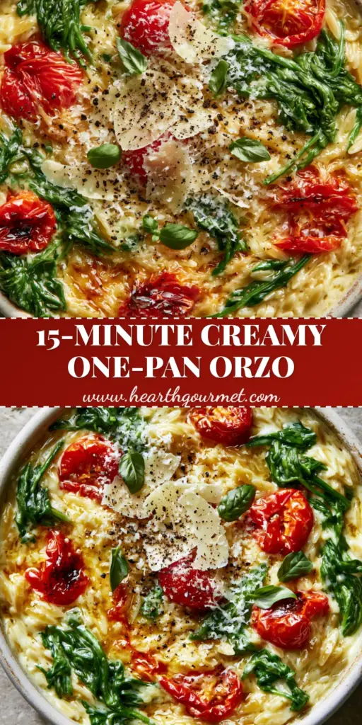 A close-up of a rustic matte-white ceramic skillet filled with creamy spinach and tomato orzo, topped with parmesan snow and basil.