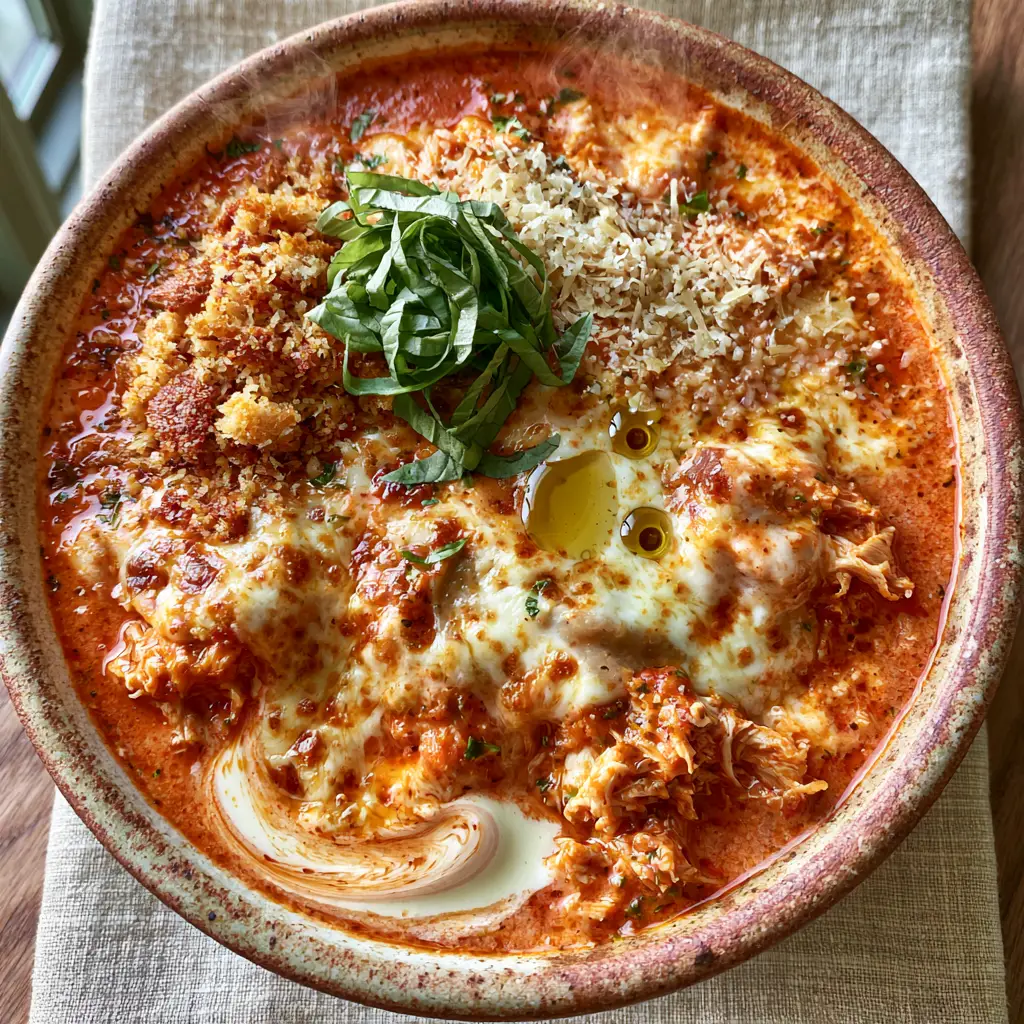 Overhead shot of Chicken Parmesan Soup featuring a heavy layer of browned cheese and toasted panko crumbs.