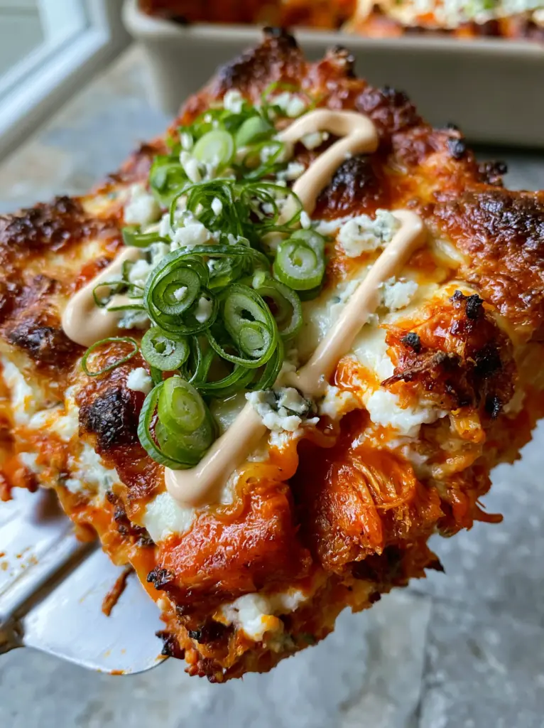 A high-angle shot of the golden-browned cheese crust of buffalo chicken lasagna garnished with green onions and ranch.