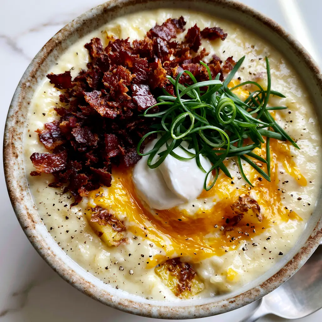 Close up of a ceramic bowl of potato soup featuring a mountain of dark reddish-brown bacon and fresh green chives.
