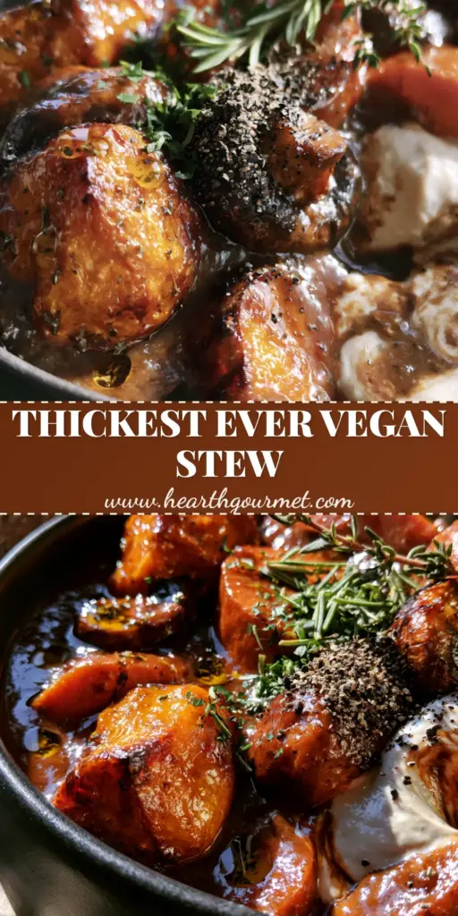 A steaming bowl of thick vegan stew with glossy brown gravy, roasted sweet potatoes, and a cashew cream swirl. (vegan stew)