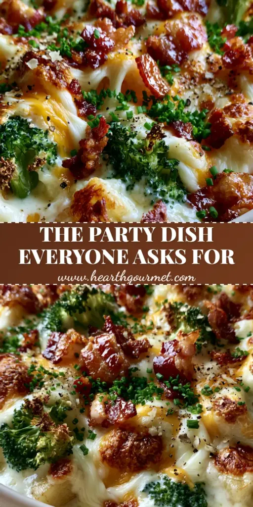 A bubbling, cheesy potato and broccoli casserole in a white dish, garnished with bacon and chives (party dish recipe)