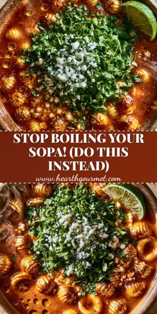 Sopa de Conchas: The Ultimate Mexican Shell Soup Recipe 4 A rustic bowl of Sopa de Conchas with golden-brown shells, bright cilantro, and queso fresco on a stone background.