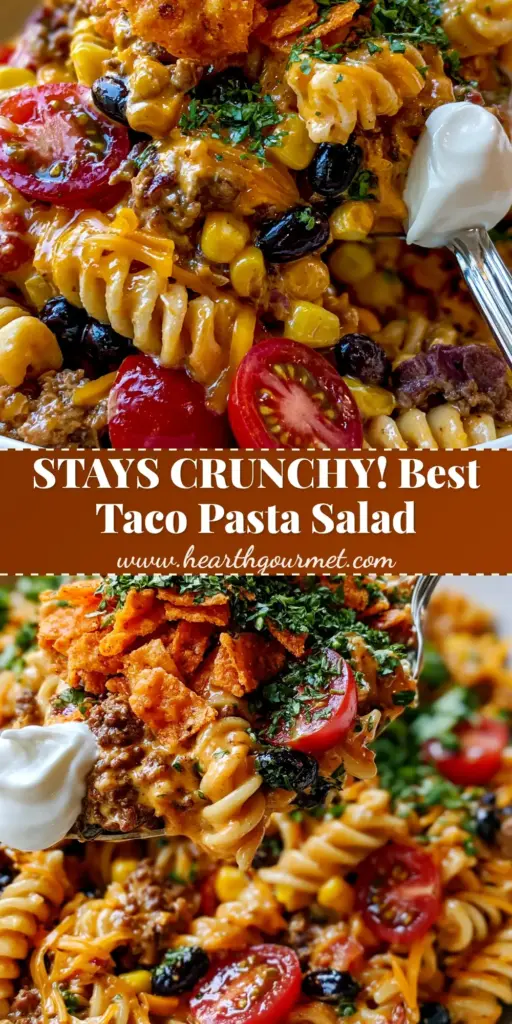 A large scoop of Taco Pasta Salad on a silver spoon featuring rotini, seasoned beef, and crushed nacho chips over a white ceramic bowl.