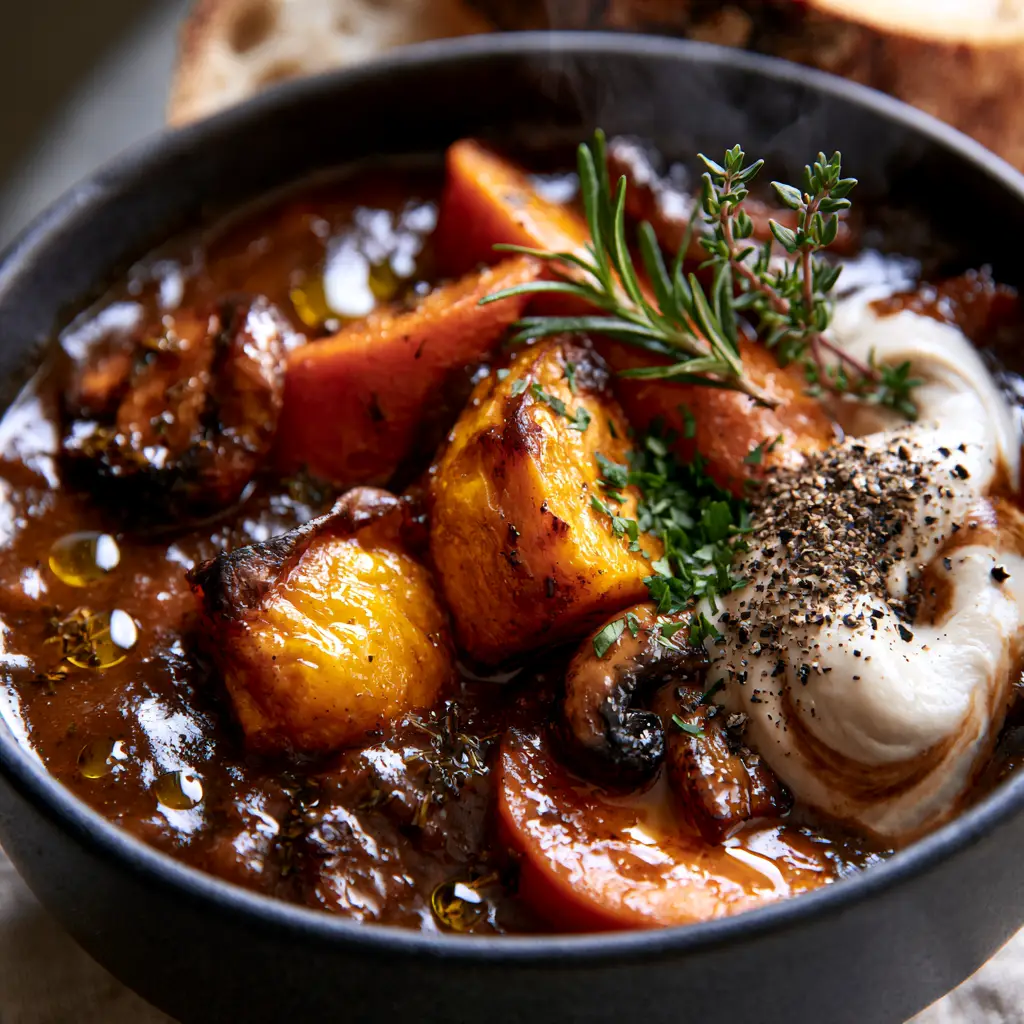 A rustic dark ceramic bowl filled with vegetable stew, garnished with a white cashew cream marble pattern and fresh herbs.