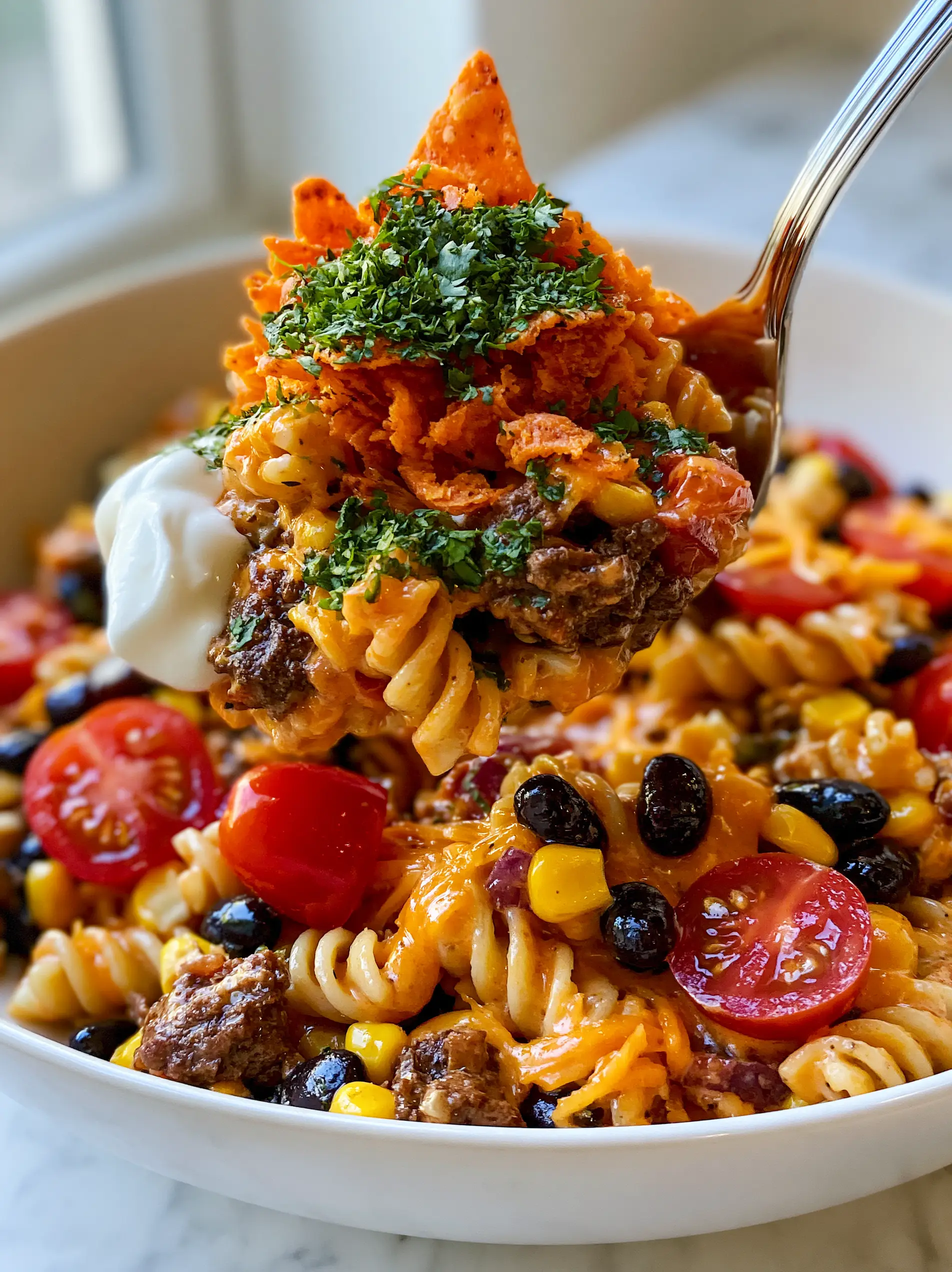 Smartphone photo of Taco Pasta Salad with glossy orange dressing, corn, beans, and jagged tortilla chips on a marble background.