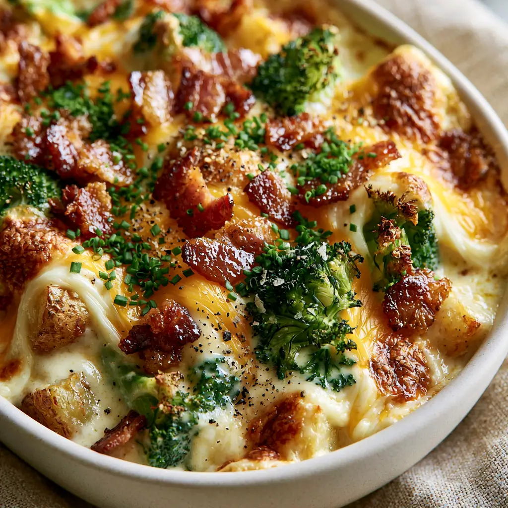 Toasted sharp cheddar and mozzarella patches on a bubbling potato dish.