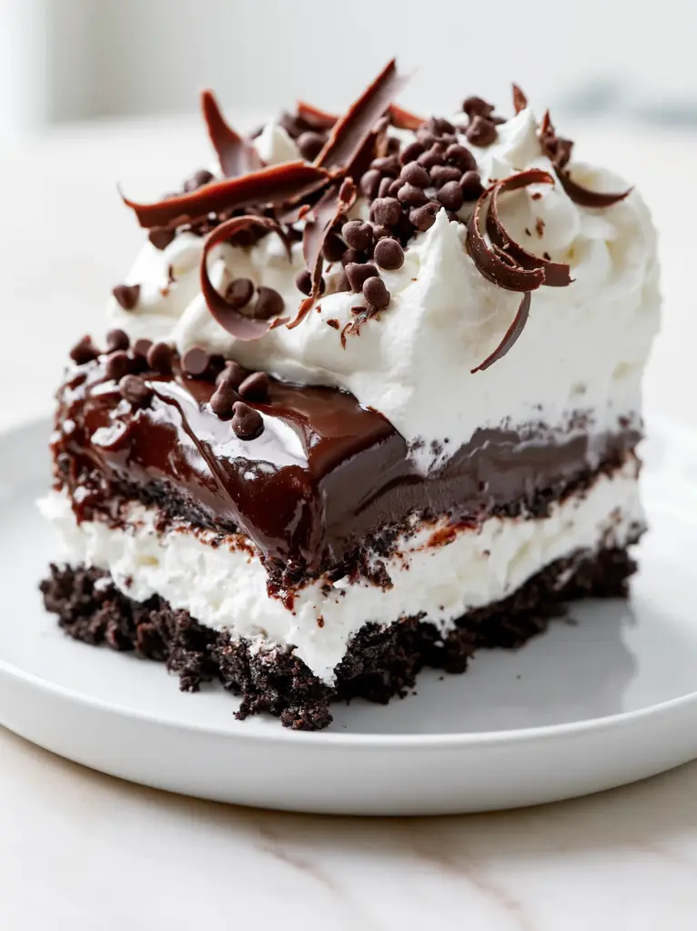 Chocolate Lasagna: The Ultimate No-Bake Layered Dessert Guide 1 A side view of the jagged cookie crust foundation of a chocolate lasagna.