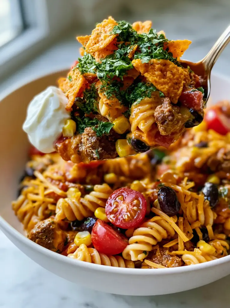 Overhead view of a wide white ceramic bowl filled with Taco Pasta Salad, topped with fresh cilantro and a sour cream dollop.