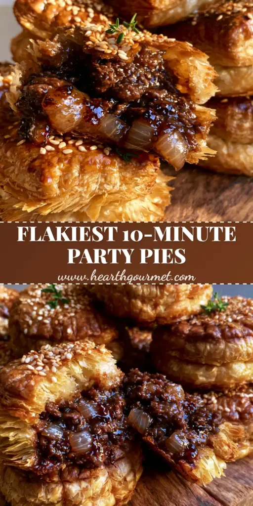 A stack of golden-brown Party Pies on a rustic wooden board, showing flaky pastry layers and a sesame seed garnish.