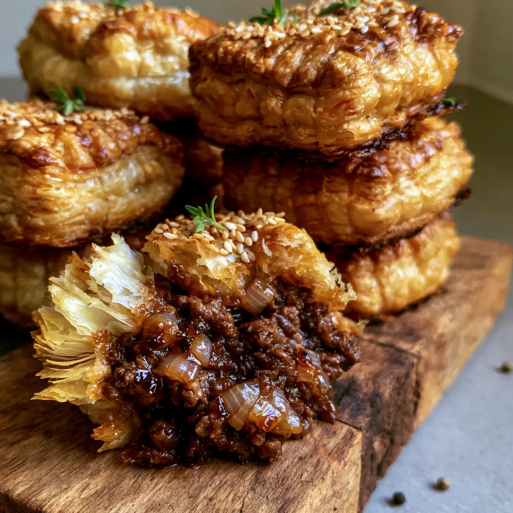 A broken open Party Pie revealing a steaming, moist dark brown beef gravy filling with translucent onions.