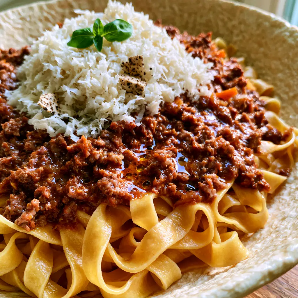 Ragù alla Bolognese: The Ultimate Guide to Authentic Mahogany Meat Sauce 2 Macro shot of mahogany-colored ragù alla bolognese sauce showing droplets of rendered fat and finely crumbled meat.