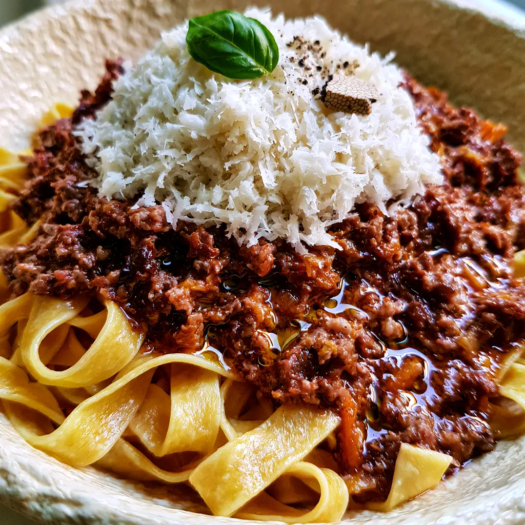 Ragù alla Bolognese: The Ultimate Guide to Authentic Mahogany Meat Sauce 1 Extreme close-up of a mound of fluffy white Parmigiano-Reggiano and black pepper on top of ragù alla bolognese.