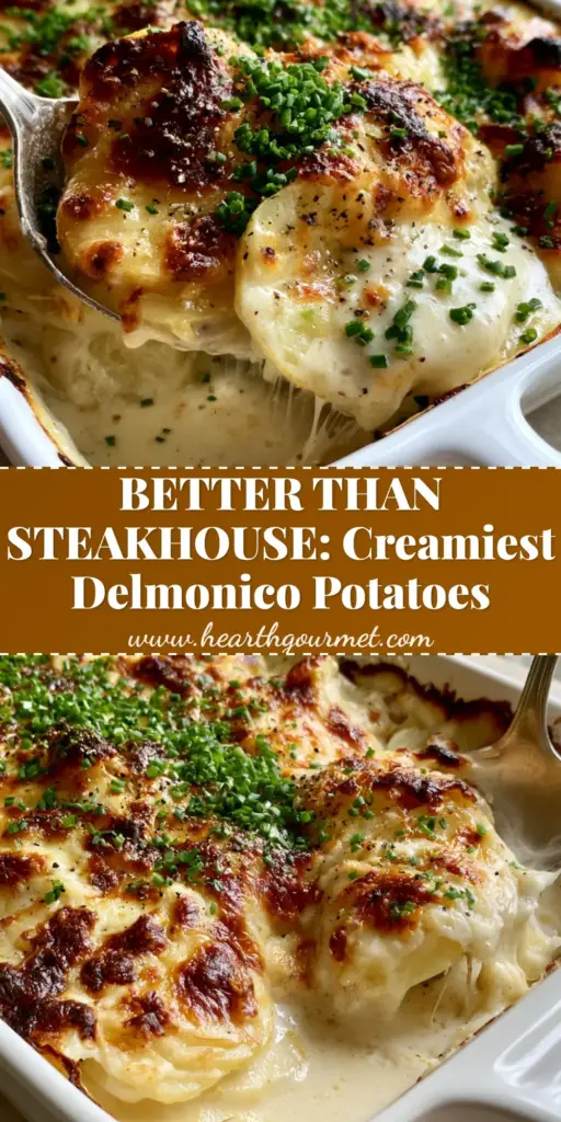 A close-up of Delmonico-style potatoes in a white ceramic dish with a bubbly golden-brown cheese crust and fresh chives.