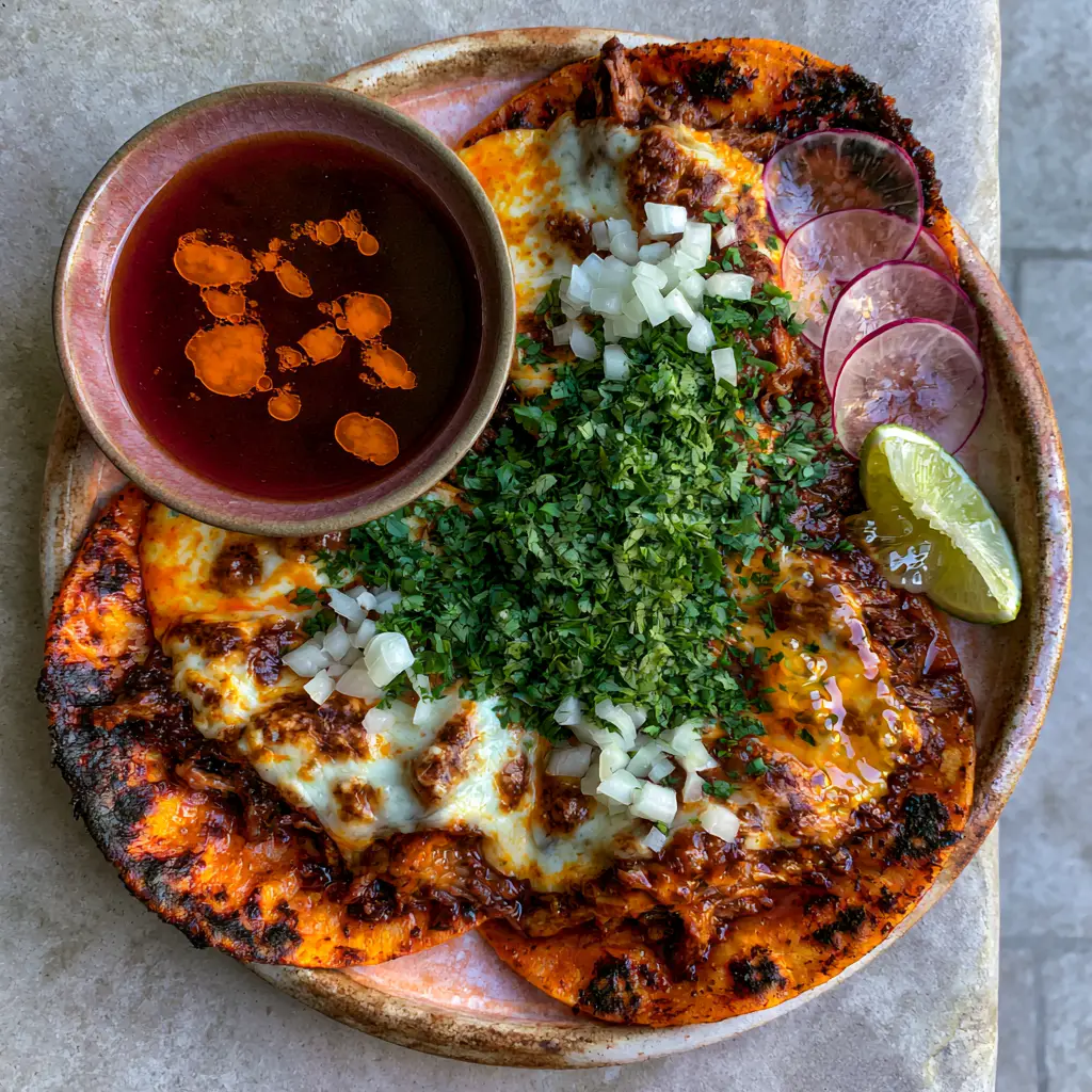Top down view of birria tacos with a bowl of rich red-brown consommé featuring orange fat droplets.