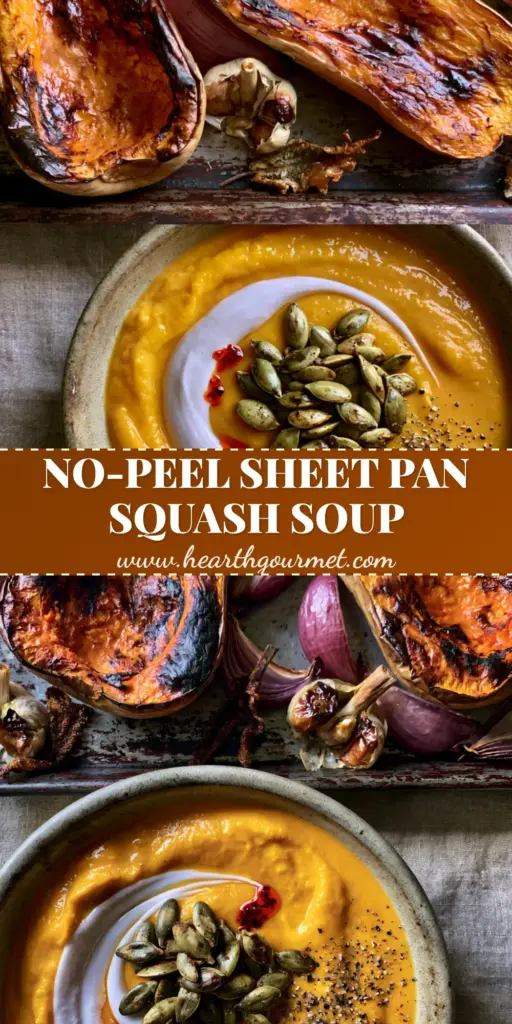A ceramic bowl of Roasted Butternut Squash Soup with a coconut cream swirl, pumpkin seeds, and chili oil drizzle.