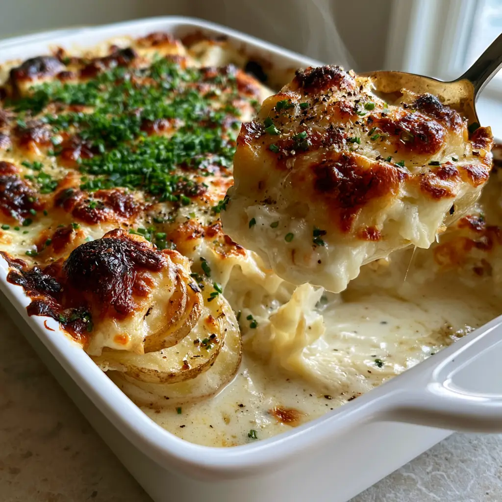 Top down view of Delmonico-style potatoes showing crispy charred edges and vibrant green chive garnish.