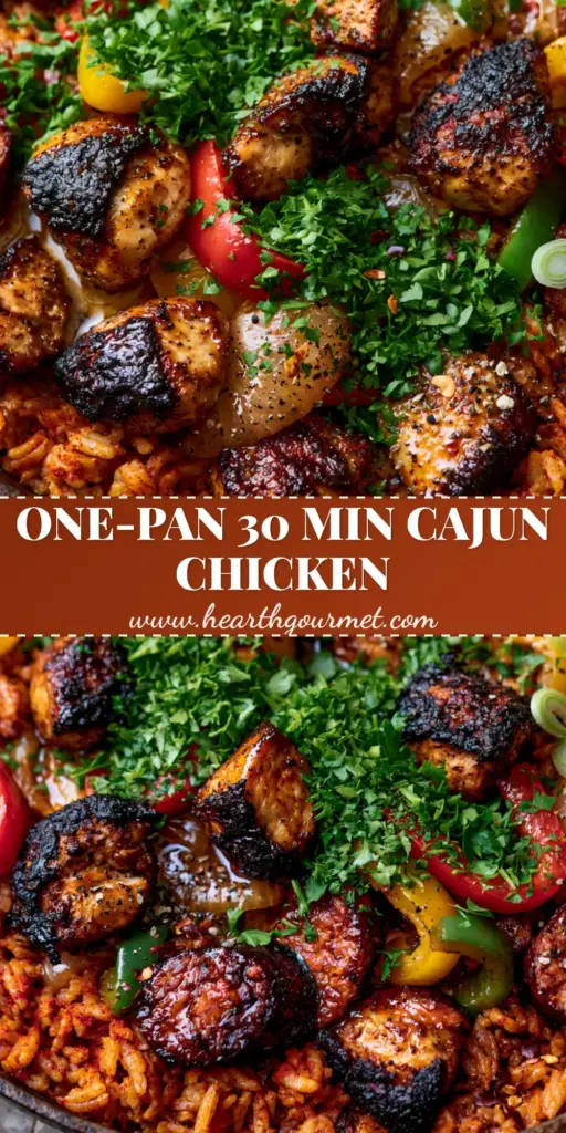A rustic cast iron skillet filled with Cajun chicken and rice skillet, featuring seared chicken, andouille sausage, and orange-tinted rice.