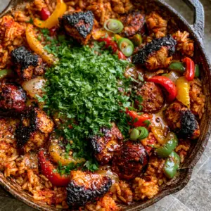 Close-up of seared chicken chunks and caramelized sausage in a Cajun chicken and rice skillet.