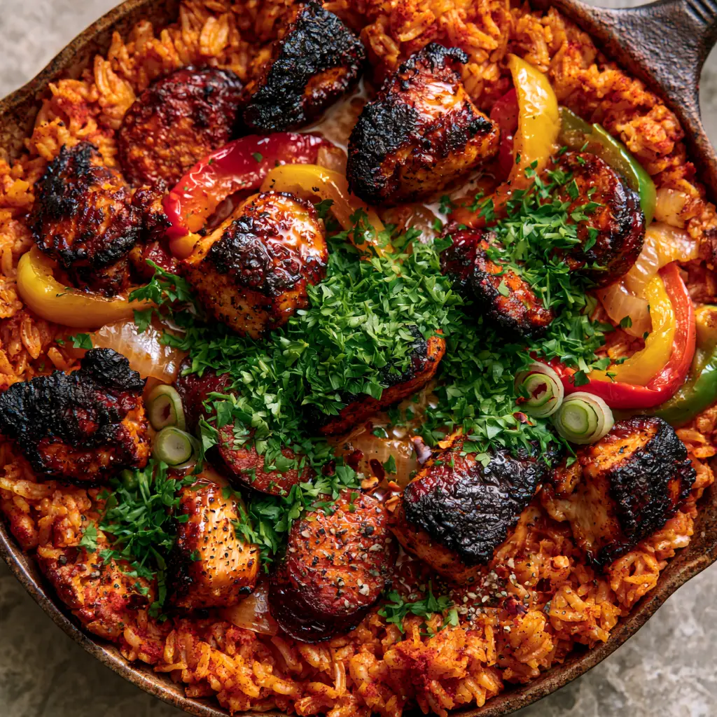 A top-down view of a Cajun chicken and rice skillet garnished with fresh parsley and scallions.