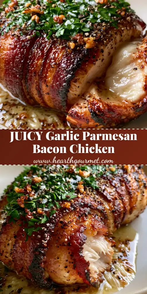 A close-up of Bacon Wrapped Garlic Parmesan Chicken with crispy mahogany bacon and a steaming center.