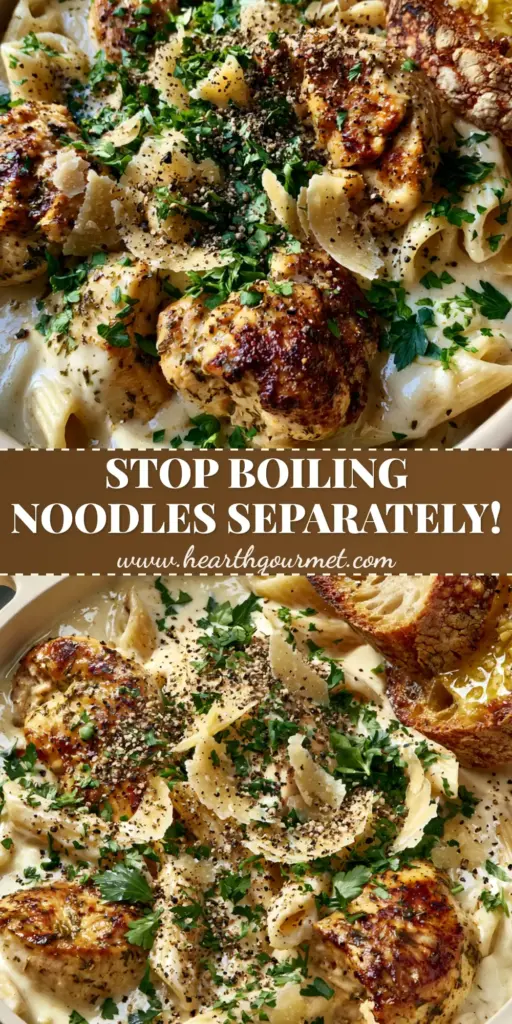 A top-down view of a One Pot Chicken Noodle Dinner in a cream Dutch oven with golden chicken, penne, and garlic butter sourdough. (One Pot Chicken Noodle Dinner)