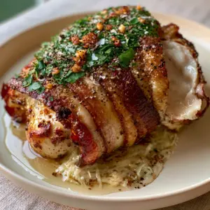 Succulent sliced Bacon Wrapped Garlic Parmesan Chicken showing the moist white meat and crispy exterior.
