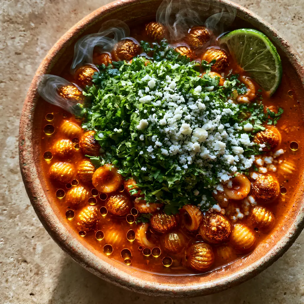 Sopa de Conchas: The Ultimate Mexican Shell Soup Recipe 2 Extreme close-up of Sopa de Conchas showing the shimmering golden shells and droplets of oil in the broth.