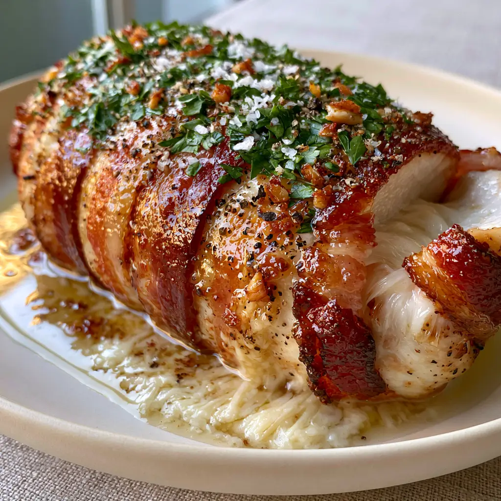 A top-down view of the Bacon Wrapped Garlic Parmesan Chicken garnished with parsley and sea salt.