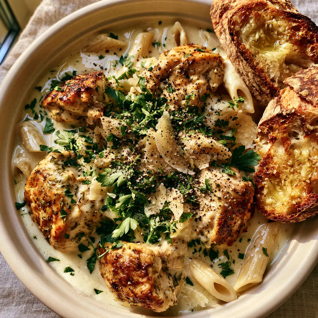 Visual of the herbs and parmesan shavings on top of the One Pot Chicken Noodle Dinner.