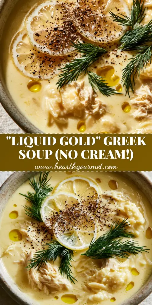 A top-down shot of a rustic ceramic bowl containing velvety pale golden-yellow Avgolemono soup garnished with lemon slices, dill, and black pepper.