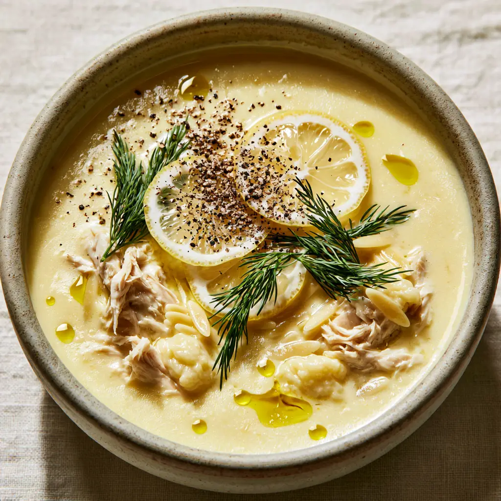 Overhead shot of Greek lemon chicken soup with translucent lemon wheels and fresh feathery dill garnishes.