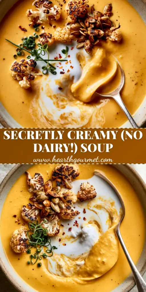 A top-down shot of a creamy vegetable soup recipe in a rustic bowl with coconut cream swirls and charred cauliflower.