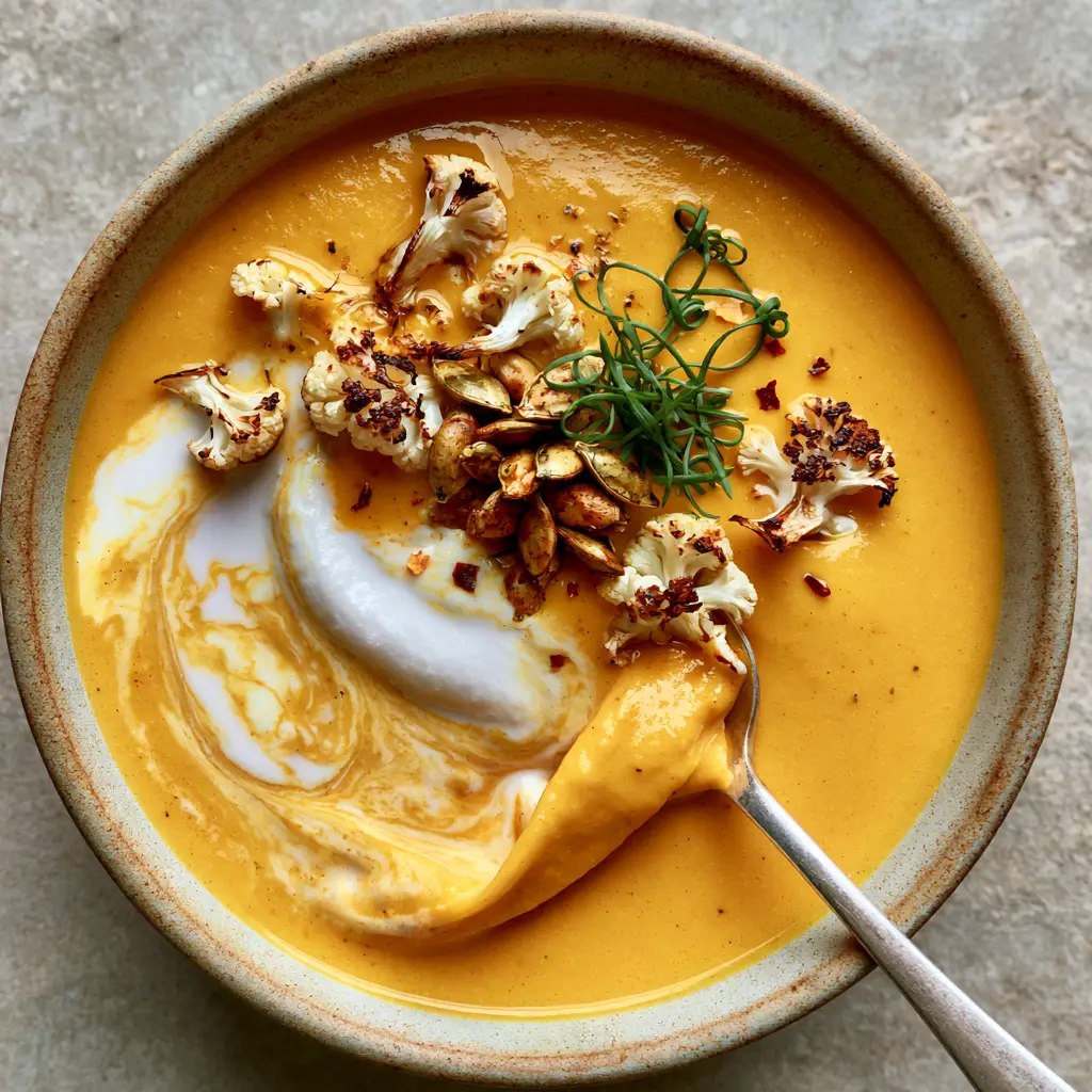 Rustic bowl of creamy vegetable soup recipe garnished with charred cauliflower and green chives on a stone background.