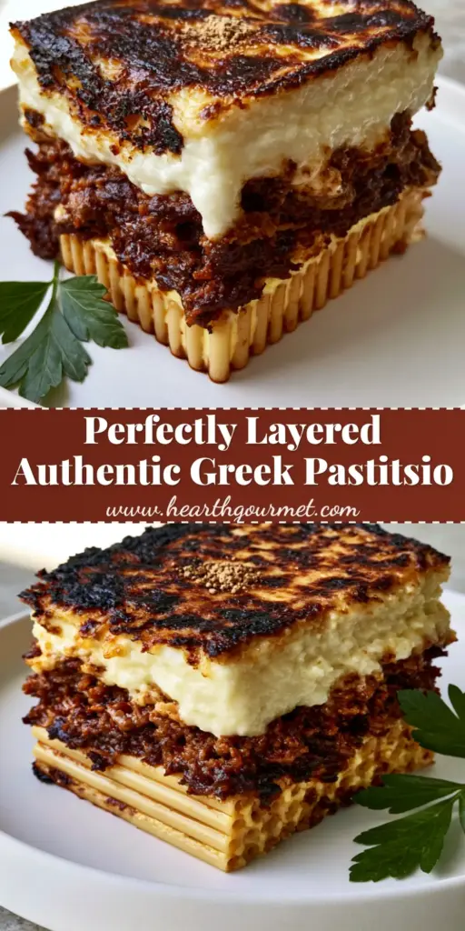 A close-up side profile of a square slice of Greek Pastitsio with visible layers of bucatini, meat ragu, and thick bechamel on a white plate.