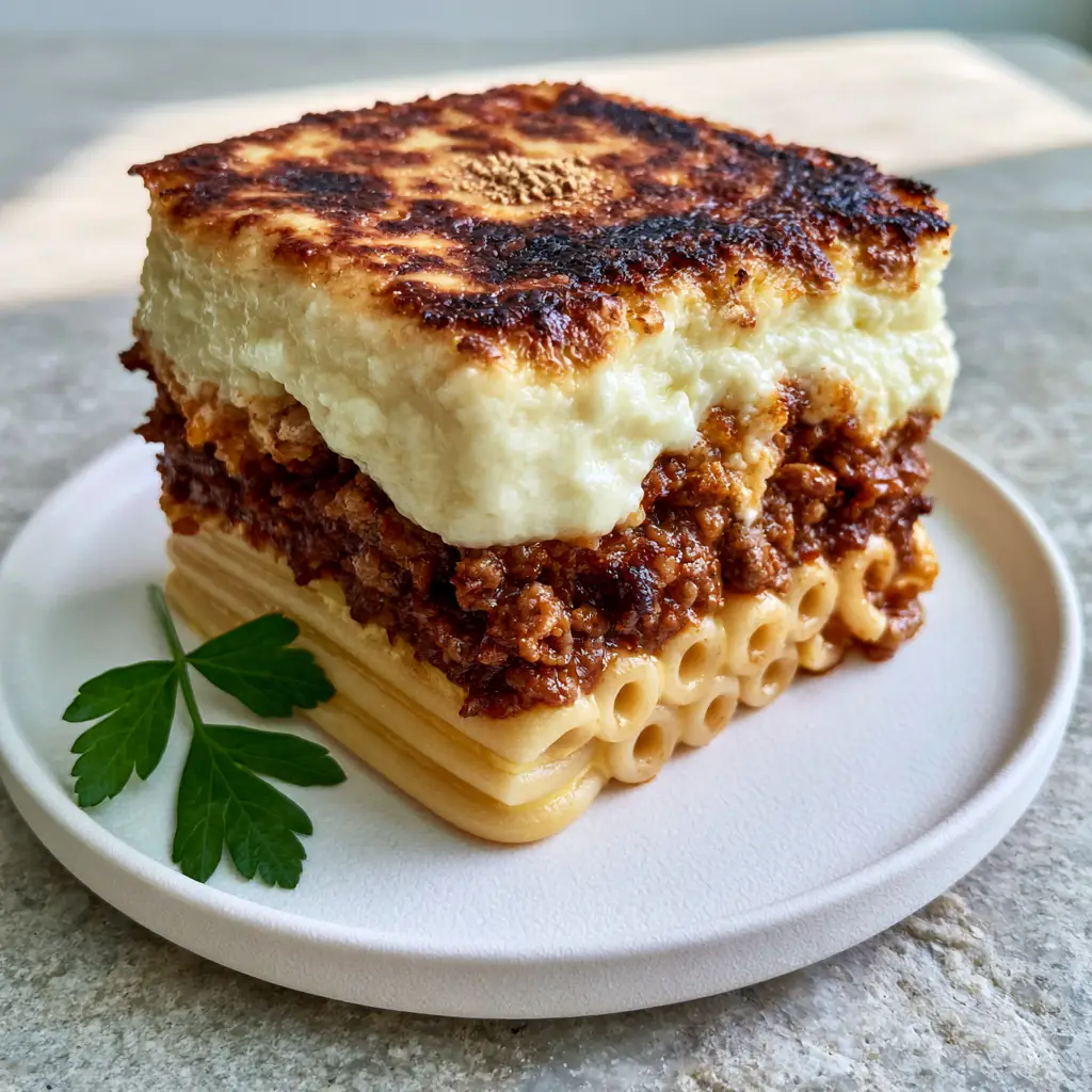 A square slice of Pastitsio on a matte white plate with a single parsley sprig garnish.