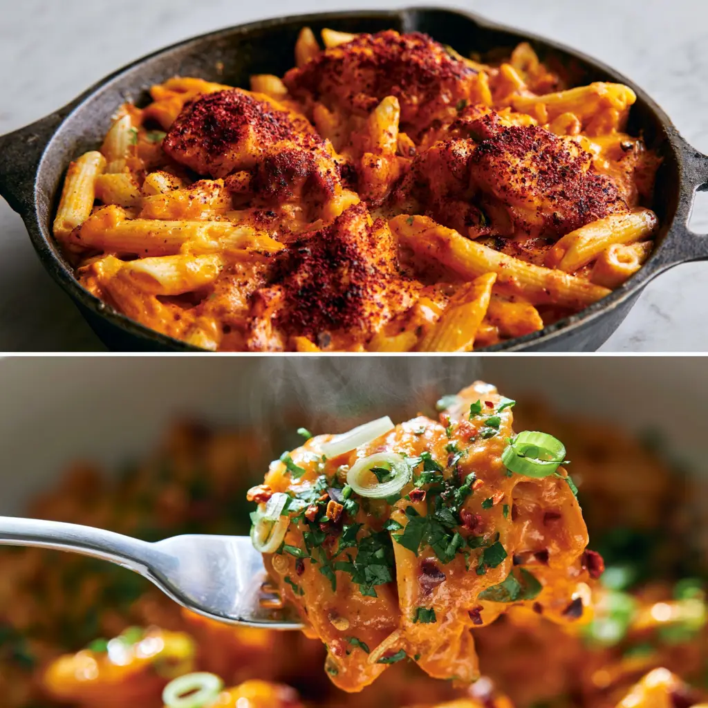 Extreme macro shot of Creamy Cajun Chicken Pasta showing glossy orange sauce and blackened chicken chunks.