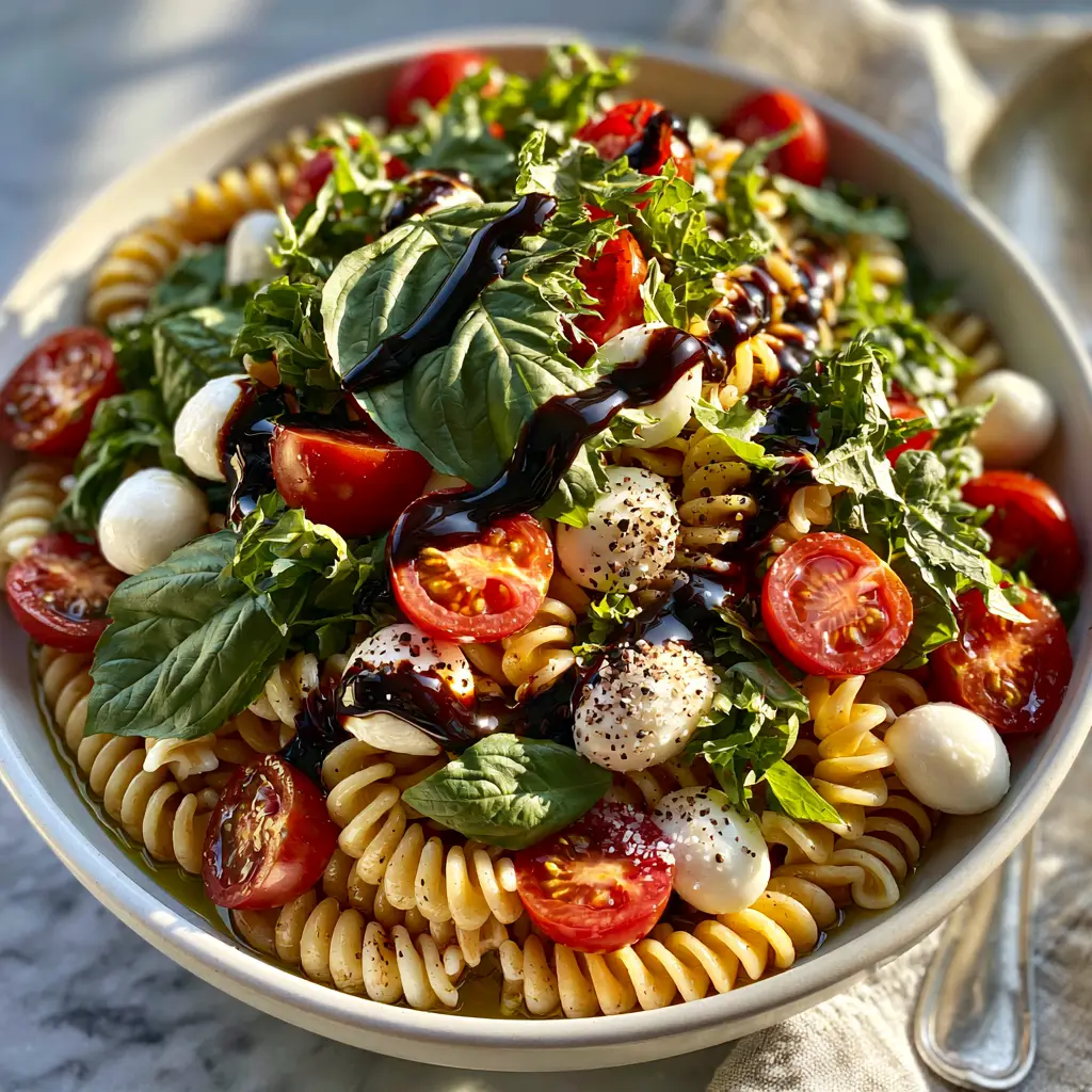 Top-down shot of Caprese Pasta Salad on a marble countertop with a silver serving spoon and golden hour lighting.