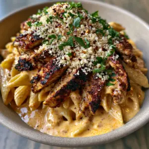 Smartphone photo of creamy Cajun chicken Alfredo with glossy orange sauce and blackened chicken slices in a matte bowl.