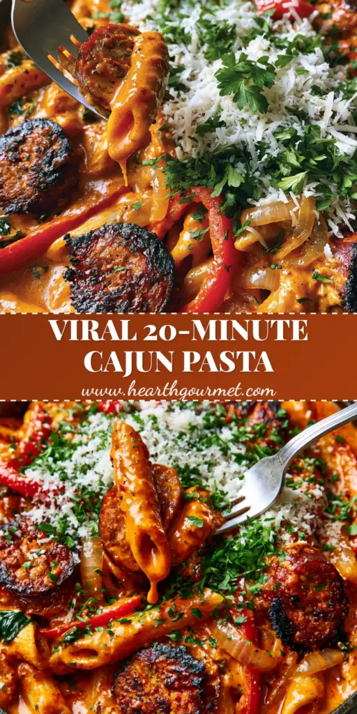 A high-angle close-up of Creamy Cajun sausage pasta in a cast iron skillet with charred andouille and parmesan garnish.