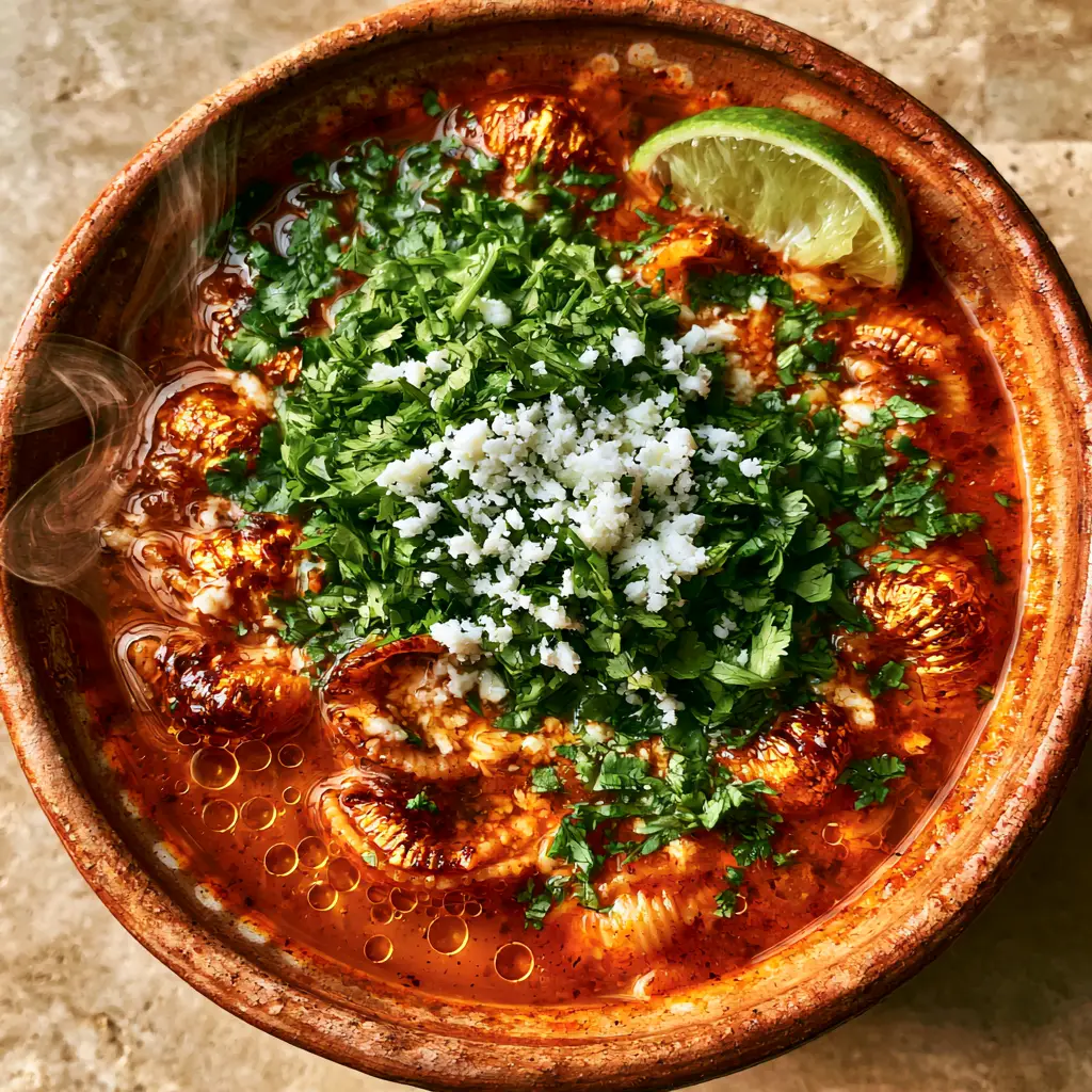 Sopa de Conchas: The Ultimate Mexican Shell Soup Recipe 1 Overhead view of Sopa de Conchas garnished with cilantro, queso fresco, and a lime wedge.