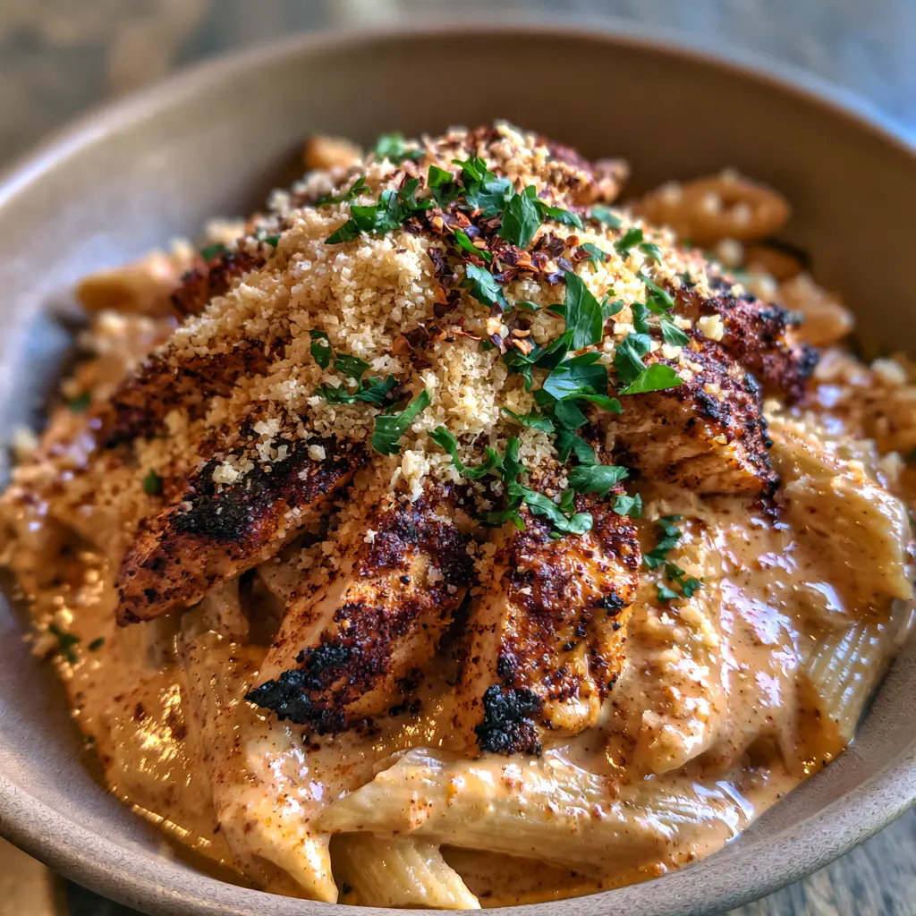 Overhead view of Cajun chicken Alfredo showing the parmesan dusting and red pepper flake garnish.