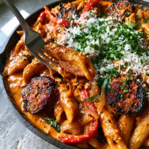A close-up shot of saucy penne and charred sausage in a rustic black skillet. (Creamy Cajun sausage pasta)