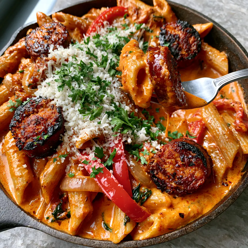 A silver fork lifting a saucy penne noodle from a skillet of Creamy Cajun sausage pasta.