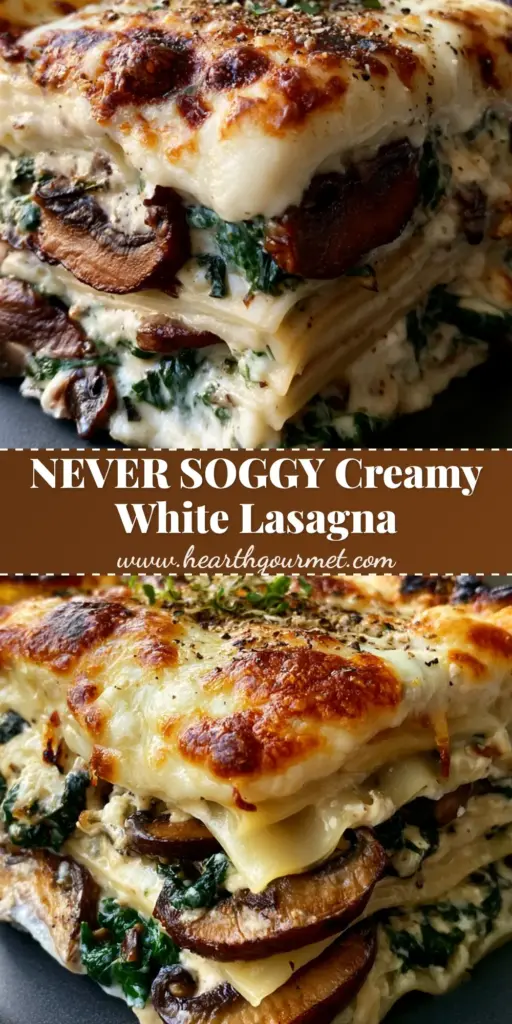 A macro close-up of a tall square slice of creamy spinach mushroom lasagna on a charcoal plate with bubbly golden cheese.