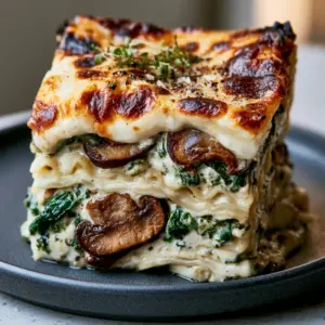Close-up of seared cremini mushrooms and vibrant spinach inside a creamy spinach mushroom lasagna.
