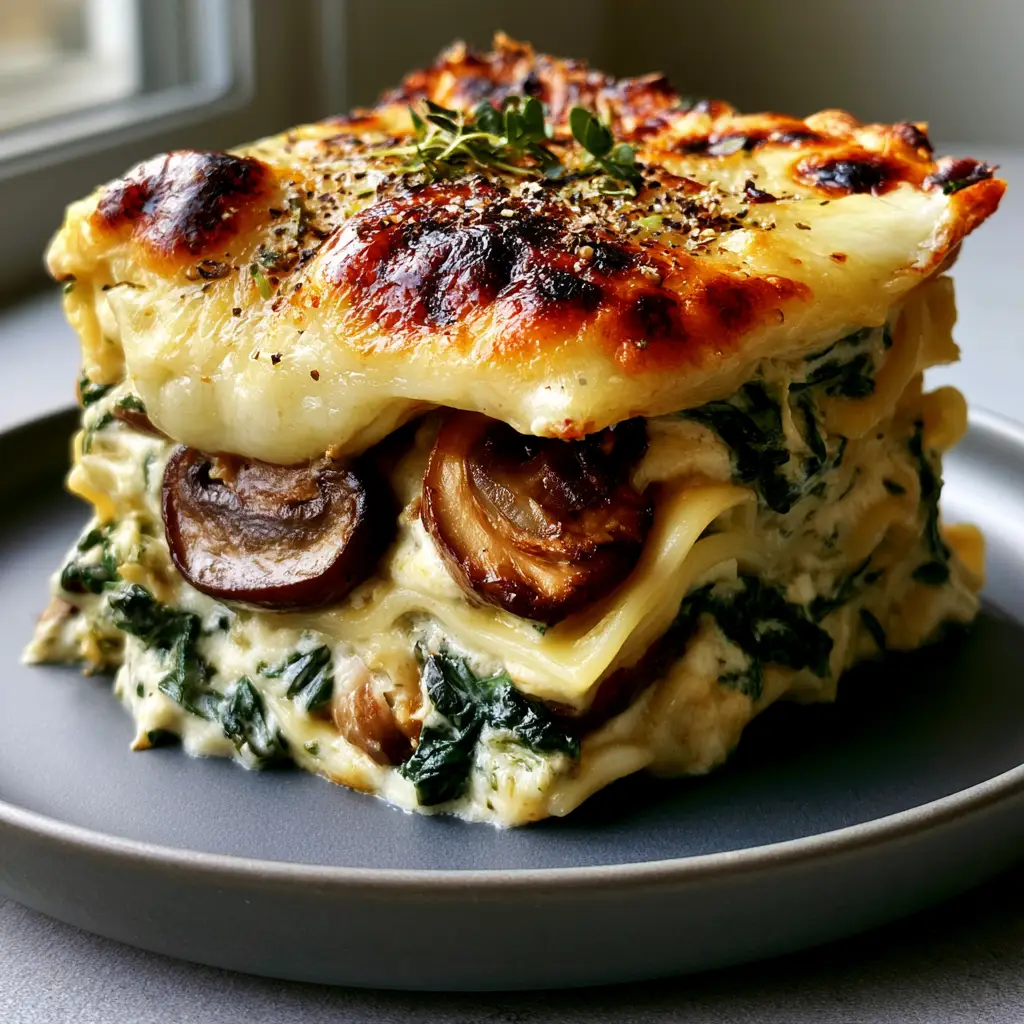Golden brown toasted mozzarella bubbles and charred edges on top of a creamy spinach mushroom lasagna.