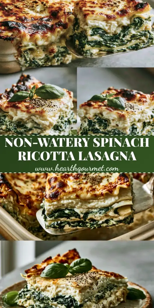 Spinach and Ricotta Lasagna with a Toasted Parmesan Crust 4 A vertical food photography shot showing a slice of spinach and ricotta lasagna being lifted, revealing thick white cheese and dark green spinach layers with a golden-brown crust.