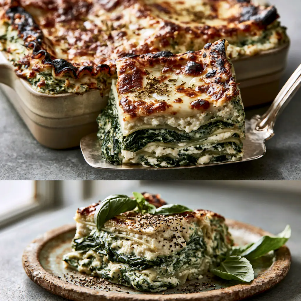 Spinach and Ricotta Lasagna with a Toasted Parmesan Crust 2 Split screen view of a spinach and ricotta lasagna in a ceramic dish and a single slice plated on stoneware with fresh basil and cracked pepper.